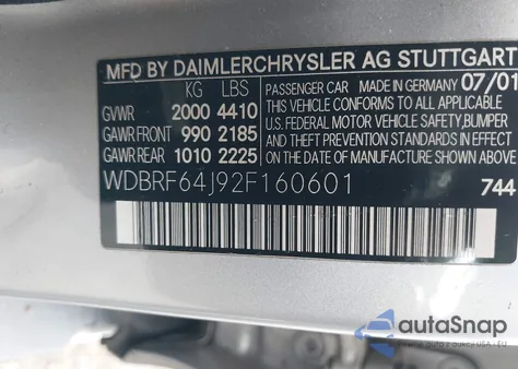 2002 Mercedes-Benz C 320 из США, поврежденный, VIN WDBRF64J92F160601